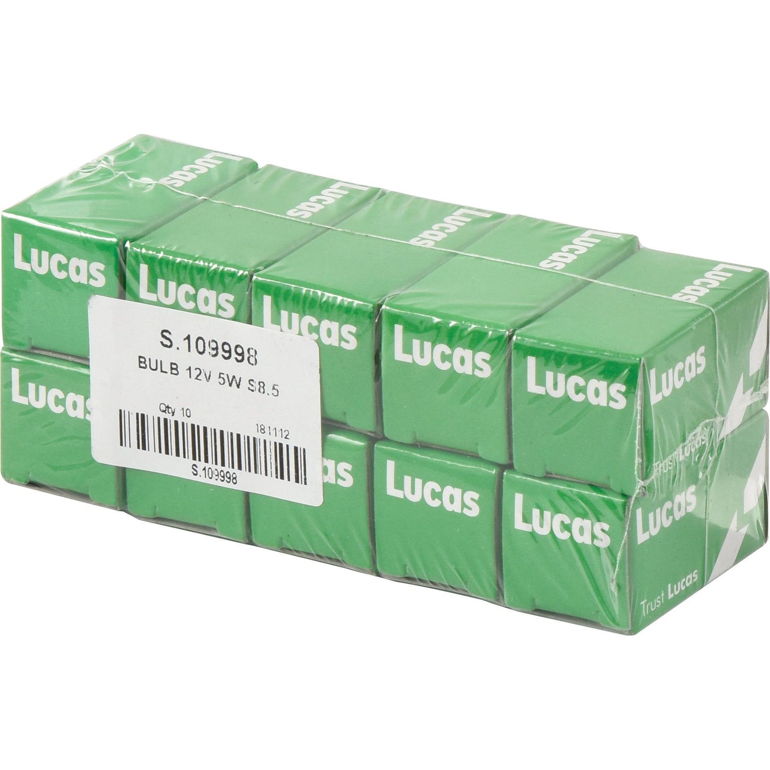 A box labeled "Sparex", part no. S.109998, containing 10 Light Bulbs (Filament) of 12V, 5W, SV8.5 Base, stacked in two layers of five each, sealed in clear wrapping.