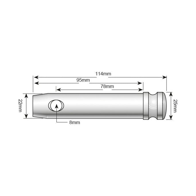 Technical drawing of a cylindrical object, labeled as the Lower link pin 22x78mm Cat. 1, with measurements. Length is 114mm, width is 22mm at the narrow end and 25mm at the thick end. Other marked lengths are 78mm, 95mm, and 8mm. Product by Sparex (Part No.S.109).