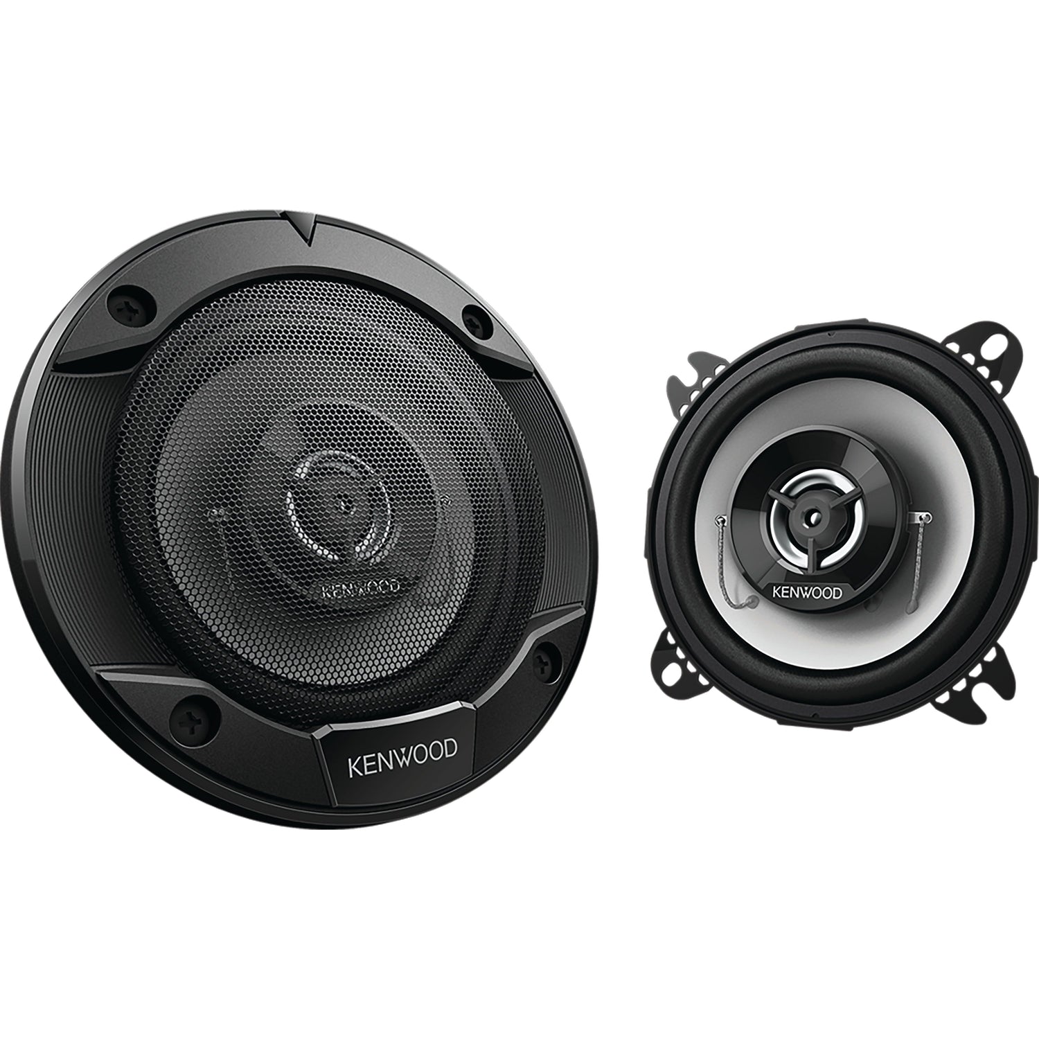 Two black Sparex 10cm Flush Mount Speakers - S.147876. One features a Polypropylene Woofer and a 25mm Balanced Dome Tweeter with visible components, while the other is circular with a mesh cover. Both boast the Kenwood logo and deliver an impressive 220W Peak Power.