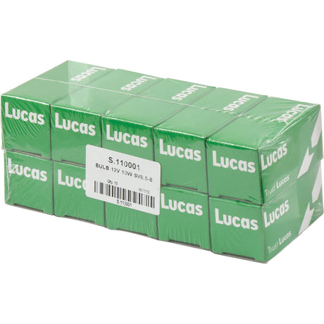 A shrink-wrapped pack of twelve green boxes branded "Sparex," each with a label reading "12V 10W BULB S.110001 SV8.5.