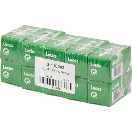 A shrink-wrapped pack of eight green boxes labeled "Sparex Light Bulb" with a barcode and part number "S.110003" on the front. The package indicates it contains 12V 3W bulbs, providing a reliable filament light source.