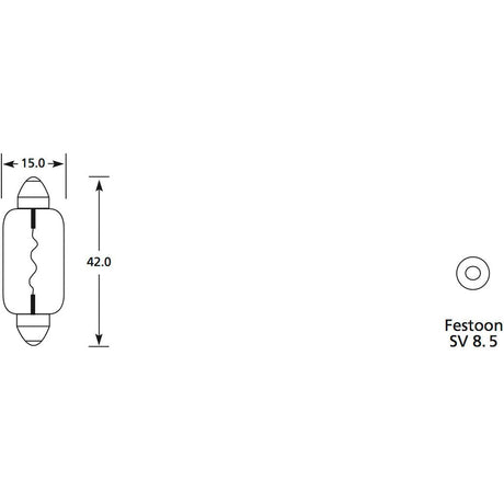 Technical drawing of a Sparex Light Bulb (Filament), SV 8.5, displaying dimensions of 15.0 mm in width and 42.0 mm in height for a 24V 10W filament, Sparex Part No. S.110005.