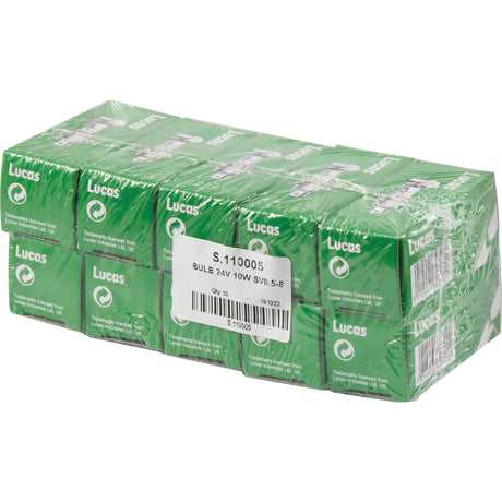 A shrink-wrapped package of ten green boxes labeled "Lucas" containing Light Bulb (Filament), 24V, 10W, SV8.5 by Sparex (each box with 1 pc.), with a white label on the front stating "S.110005 BULB 24V 10W SV8.5-8.