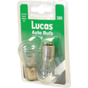 A clamshell pack of two Sparex branded light bulbs, part number S.110026, designed for stop and tail lights with durable filaments, labeled as 380 and rated at 12V/21/5W.