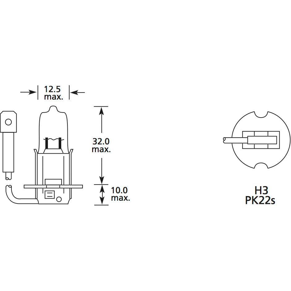 Diagram showing dimensions and specifications of a Sparex Light Bulb (Halogen), 12V, 55W, PK22s (Clamshell 1 pc.), including a maximum length of 32.0 mm, width of 12.5 mm, height of 10.0 mm, and operating at 12V 55W (Sparex Part No.S.110043).