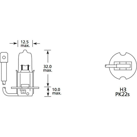 Diagram showing dimensions and specifications of a Sparex Light Bulb (Halogen), 12V, 55W, PK22s (Clamshell 1 pc.), including a maximum length of 32.0 mm, width of 12.5 mm, height of 10.0 mm, and operating at 12V 55W (Sparex Part No.S.110043).