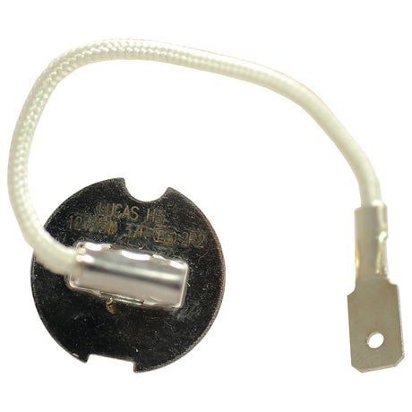 A round metal component with a white wire connected at the top, labeled "Sparex 12V." The other end of the wire features a metal connector. This unit resembles those found in Sparex Light Bulb (Halogen), 12V, 55W with a PK22s base.