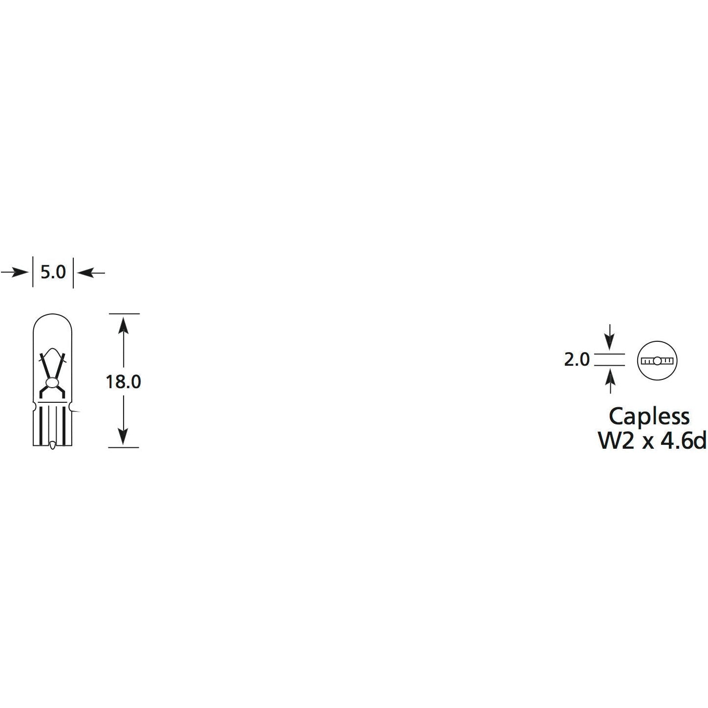 Diagram of a capless Sparex Light Bulb (Filament), 1W, W2 x 4.6d, with dimensions. Height: 18.0 mm, Width: 5.0 mm, and Cap diameter: 2.0 mm, designed for a 12V system and featuring a precise filament for optimal performance. (Sparex Part No.S.110051)