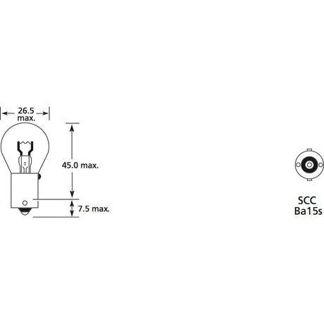 Diagram of the Sparex Light Bulb (Filament), 12V, 21W with dimensions labeled: 26.5 mm diameter, 45.0 mm height, and 7.5 mm base height. Side view and base (SCC BA15s) view are shown, suitable for P21W applications. Sold in clamshell packaging containing 2 pieces – Sparex Part No.S.110063.