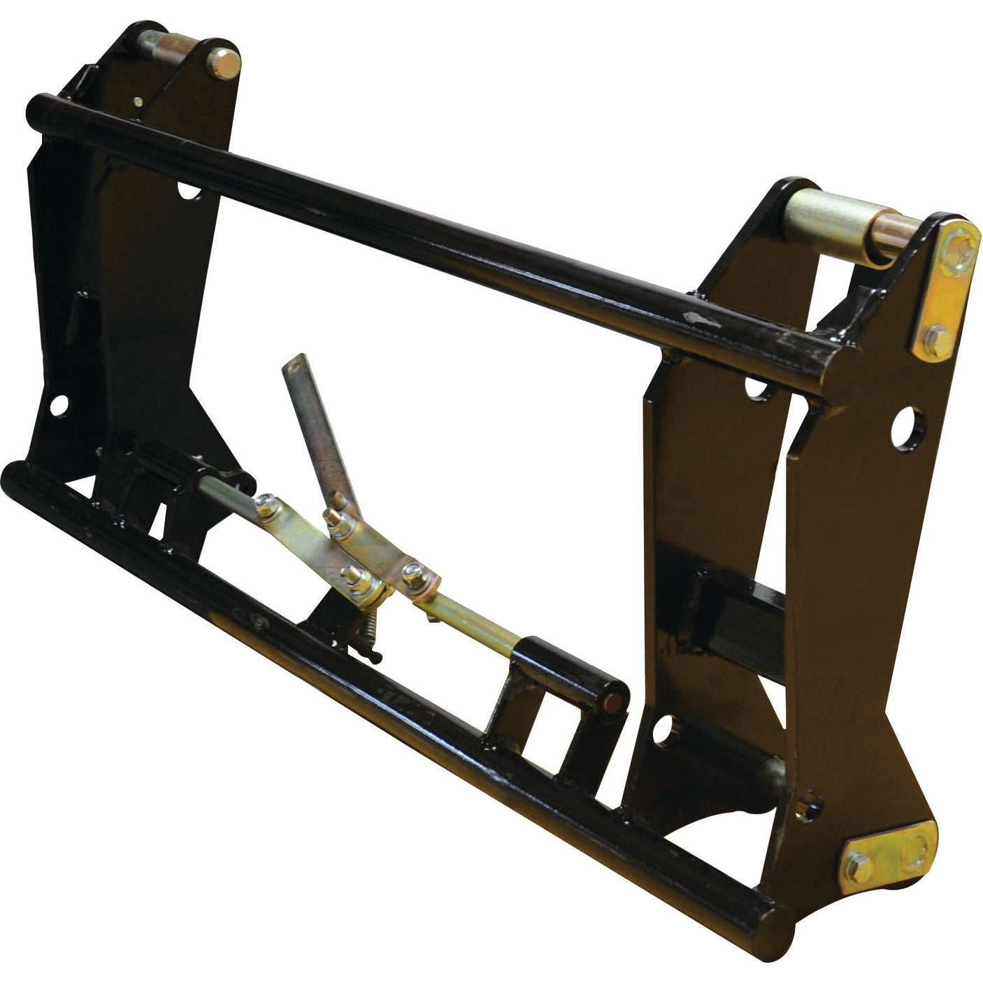 The Sparex Quick Change Frame - Mechanical Lock - S.110171 is a heavy-duty metal tractor attachment frame with multiple bolt points and levers, designed for quick hitching implements, and CE Approved for safety.