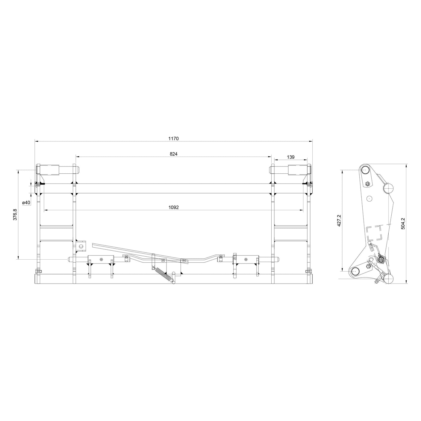 Technical diagram showing the dimensions and components of the Quick Change Frame - Mechanical Lock - S.110171 by Sparex. The width is labeled as 1170 and 1092 units. Various measurements and structural details are noted. The assembly adheres to EURO-NORM standards and boasts a load capacity of 2000Kg, ensuring it is CE approved.