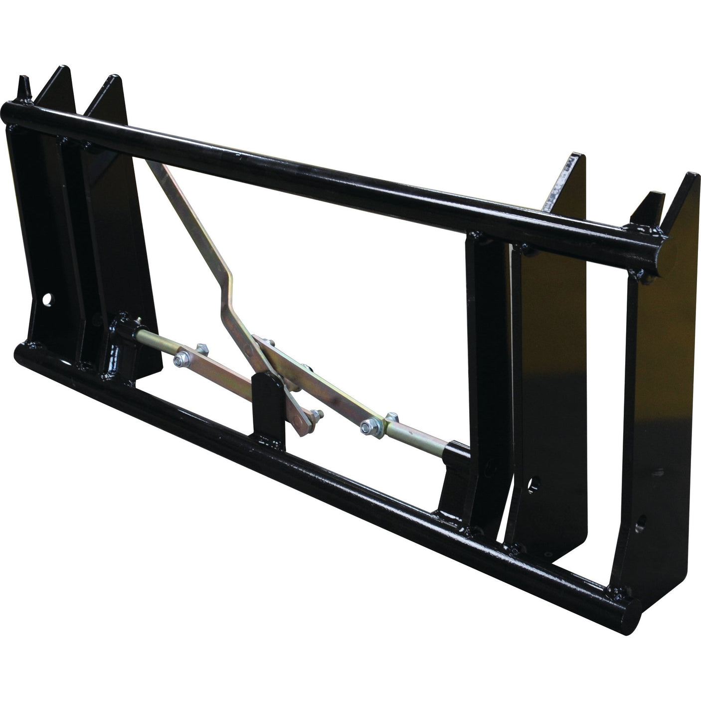 The Quick Change Frame - Weld On - S.110173 by Sparex NLA is a black metal attachment frame with hydraulic components, designed for mounting on heavy machinery or farm equipment. It features a load capacity of 2000Kg and adheres to EURO-NORM standards.