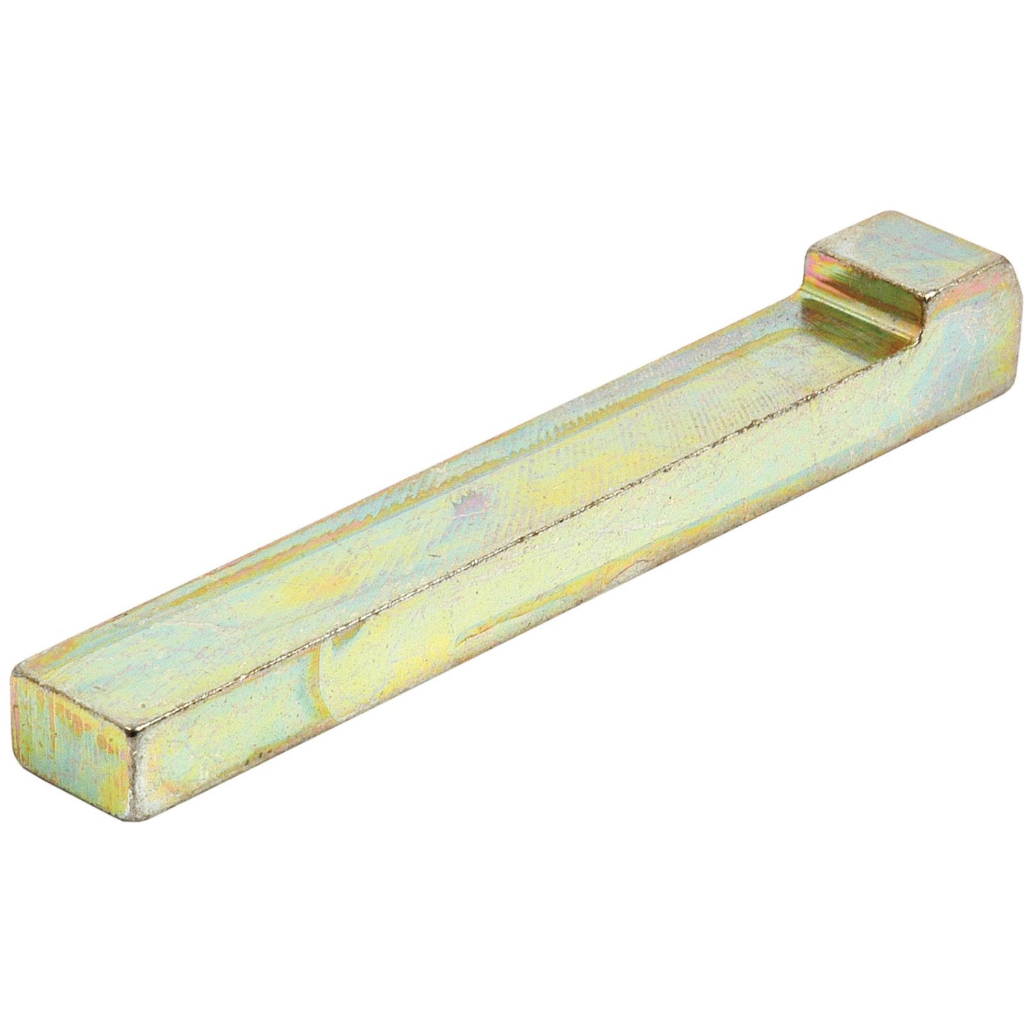 A metallic rectangular bar with a slight notch on one end, exhibiting a yellowish finish, resembling the Sparex Metric Gib Head Key 6.0 x 6.0 x 40mm per DIN 6884/6887 standards (Sparex Part No.S.11041).