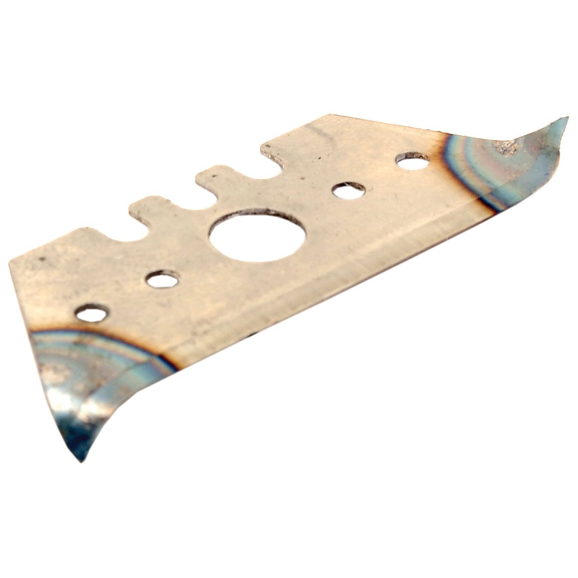 Close-up of a Sparex Blade Kit, suitable for Belt Skiver (5 pcs.), featuring trapezoidal steel blades with a central hole, slotted notches, and discolored edges. Designed to fit universal tractors as 411295828.