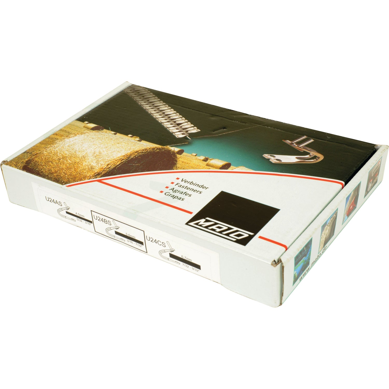 A box containing Sparex brand binders and fasteners, labeled with product codes U2425S, U2485S, and U2465S, featuring an image of binders and fasteners on the cover. The set includes Belt Fastener - U24BS (220mm in length), identified as Sparex Part No. S.110558 (411142404), designed for optimal belt strength using the Mato hammer system.