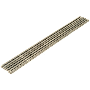 In this image, a set of six long metal rods with a ribbed texture and a thickness of 3.3mm are aligned side by side, resembling the Sparex Coupling Pin - S.110561 (6 pcs.) with each rod having a length of 220mm.
