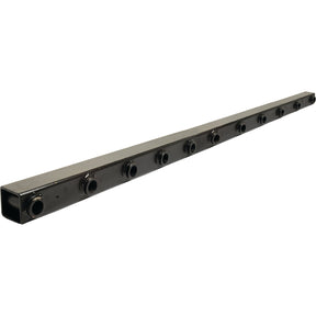 The Sparex Pre Bushed Tube (Sparex Part No.S.110577) is a 2100mm long, rectangular black metal pipe with multiple evenly spaced bolt holes along its length and a welded bush fitting for enhanced durability.
