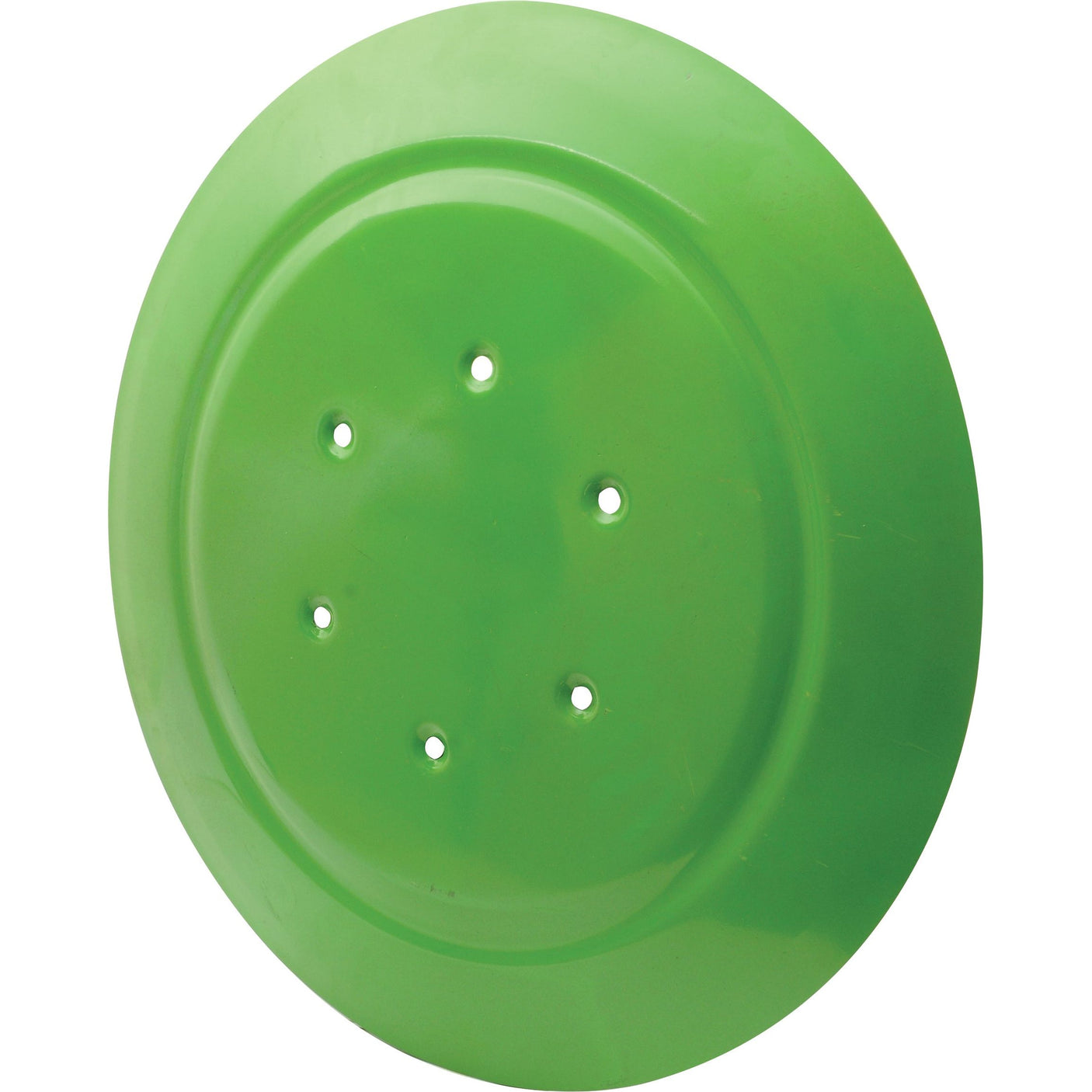 A green plastic Sliding Saucer (Sparex Part No. S.110583), designed as a replacement part for Deutz-Fahr, Kuhn, and Pottinger equipment, measures 765mm in outer diameter and features seven evenly spaced holes in the center for optimal performance.