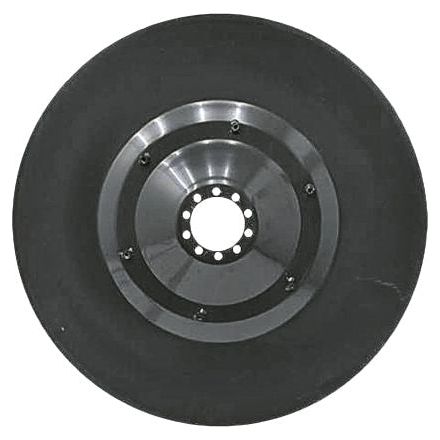 A black Sliding Saucer with a circular metallic hub, precise hole centers, and multiple bolts in the center - OD 875mm, Replacement for Deutz-Fahr and Pottinger, Sparex Part No. S.110585 (to fit as 06567399).