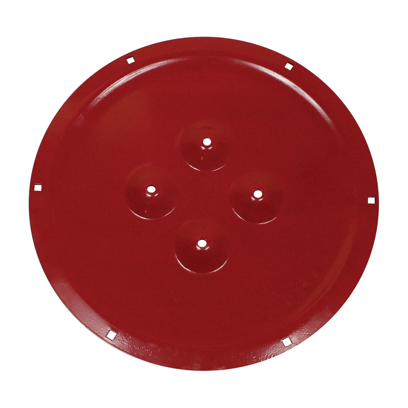 A Sparex support saucer with an outer diameter of 356mm, featuring a red, circular metal design with four protruding bumps and several small cutouts around the edge, is a replacement part designed for Fella KM270F mowers (Sparex Part No. S.110588).