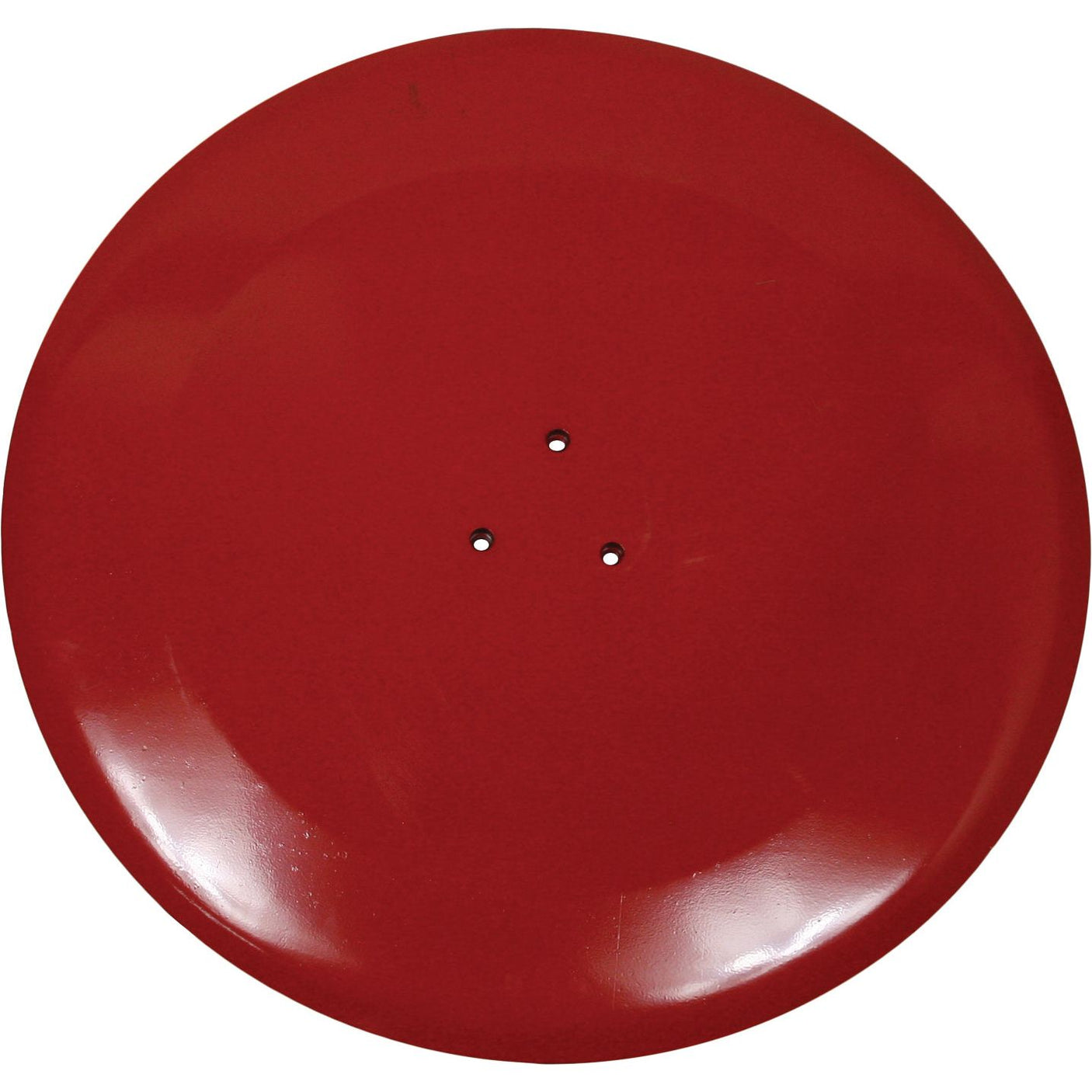 A red, circular metal disk with three small holes positioned in the center, compatible with Fella KM166 and Sparex parts, referred to as the "Sliding Saucer" (Outer Diameter: 770mm), replacement for Fella part number 478038 and Sparex Part No. S.110589.