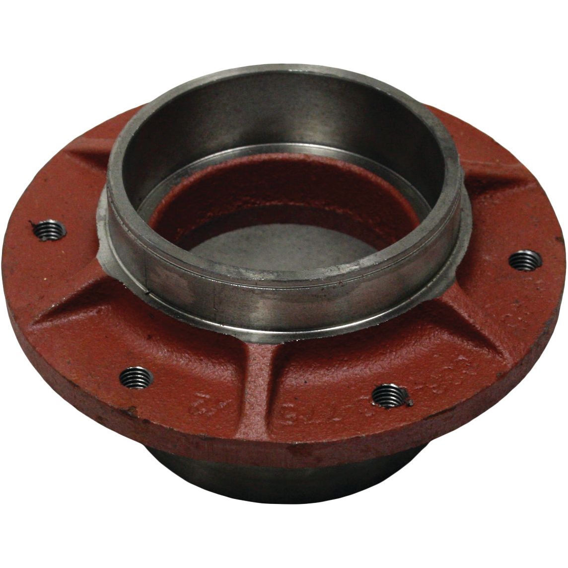 A close-up of a Sliding Saucer Hub by Sparex, showcasing its red-painted exterior and metal construction. Designed as a replacement for Deutz-Fahr, Fahr, this industrial coupling component features four bolt holes with precise centers and a cylindrical interior section (with an outer diameter of 162mm and inner diameters of 90mm/95mm), identified as Sparex Part No. S.110595 or part number 06567235.
