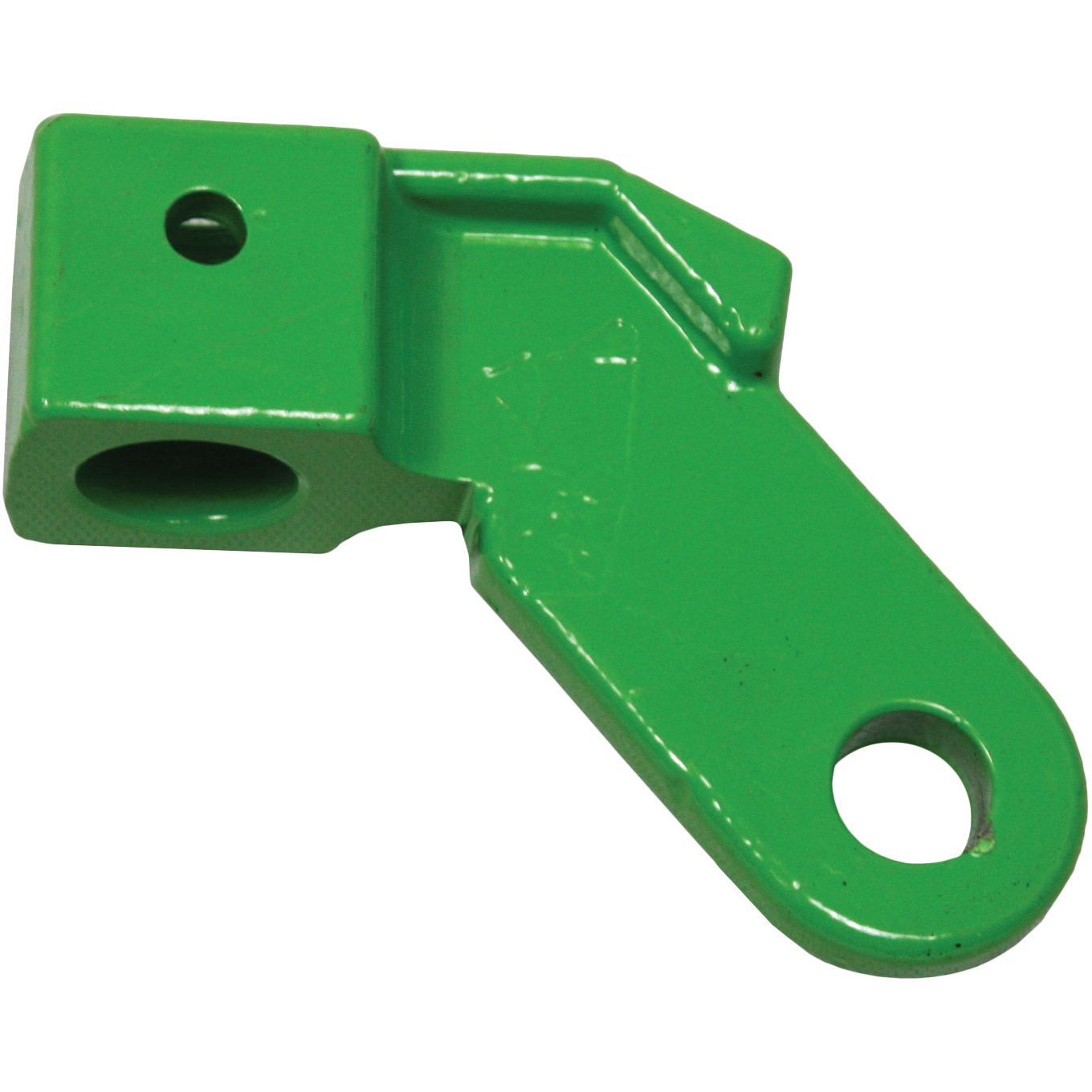 The Sparex Bracket (part number S.110596) is a green metal hardware piece featuring two holes, one on a square end and another on an elongated end, designed for use in machinery or attachments. This durable bracket is specifically ideal for Deutz-Fahr equipment and is sourced from the trusted manufacturer Sparex.