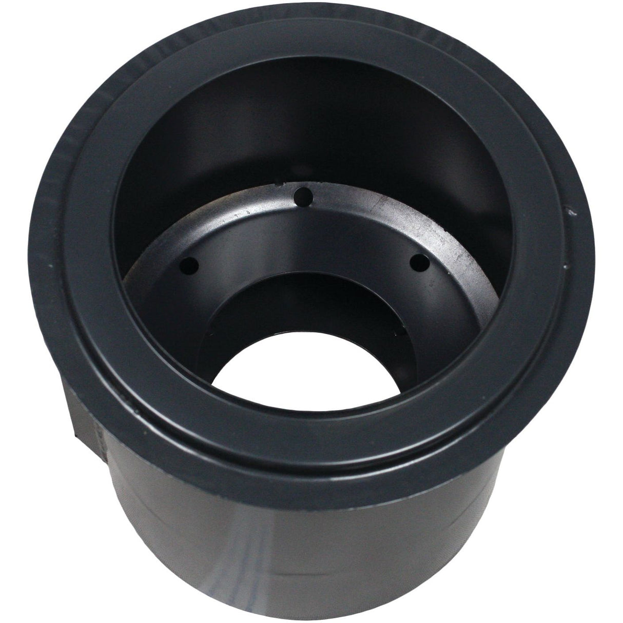 The Sparex Mower Cutting Drum (S.110601) is a black cylindrical metal part with a hollow center and multiple holes on its inner surface, specifically designed for Deutz-Fahr machinery (7006563516).