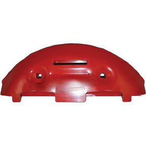 A red, curved plastic part named "Skid" by Sparex, measuring 147mm in length, 385mm in width, and 40mm in depth. The part features three cutout sections and two holes with specific centers for precise fitment and serves as a replacement for Kuhn model number 55901200 (Sparex Part No. S.110605).