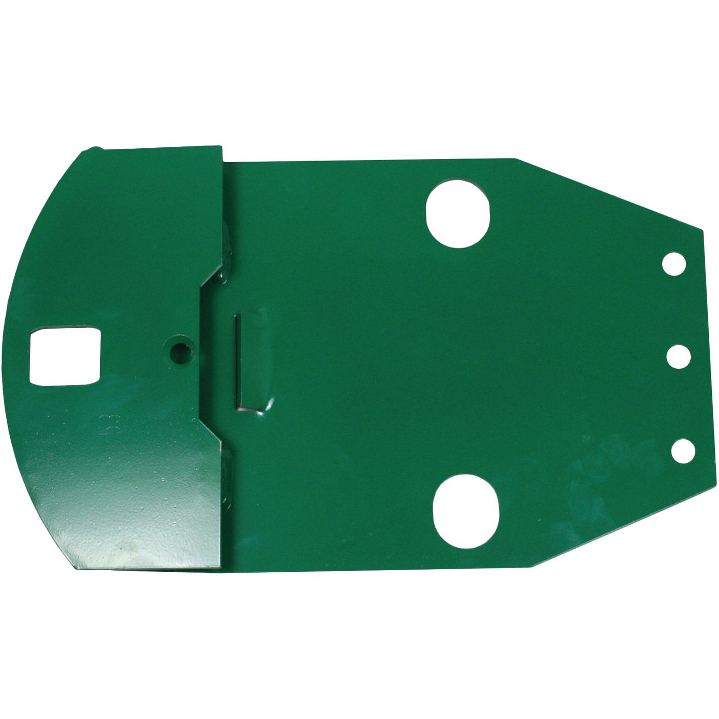 A Sparex Skid, measuring 590mm in length, 262mm in width, and 38mm in depth, acts as a replacement for Krone part number 1502691. This green metal plate features two large round holes, a small square hole, an angled edge, and several smaller round holes.