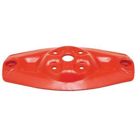 A 390mm long, red mower cutting disc from Sparex, featuring a symmetrical design and a central hole with multiple smaller holes around it. It is suitable as a replacement for Kuhn or John Deere models, ideal for efficiently mounting or aligning components. This product fits as part number 56812600 and has hole centers at 110mm and 340mm (Sparex Part No.S.110611).