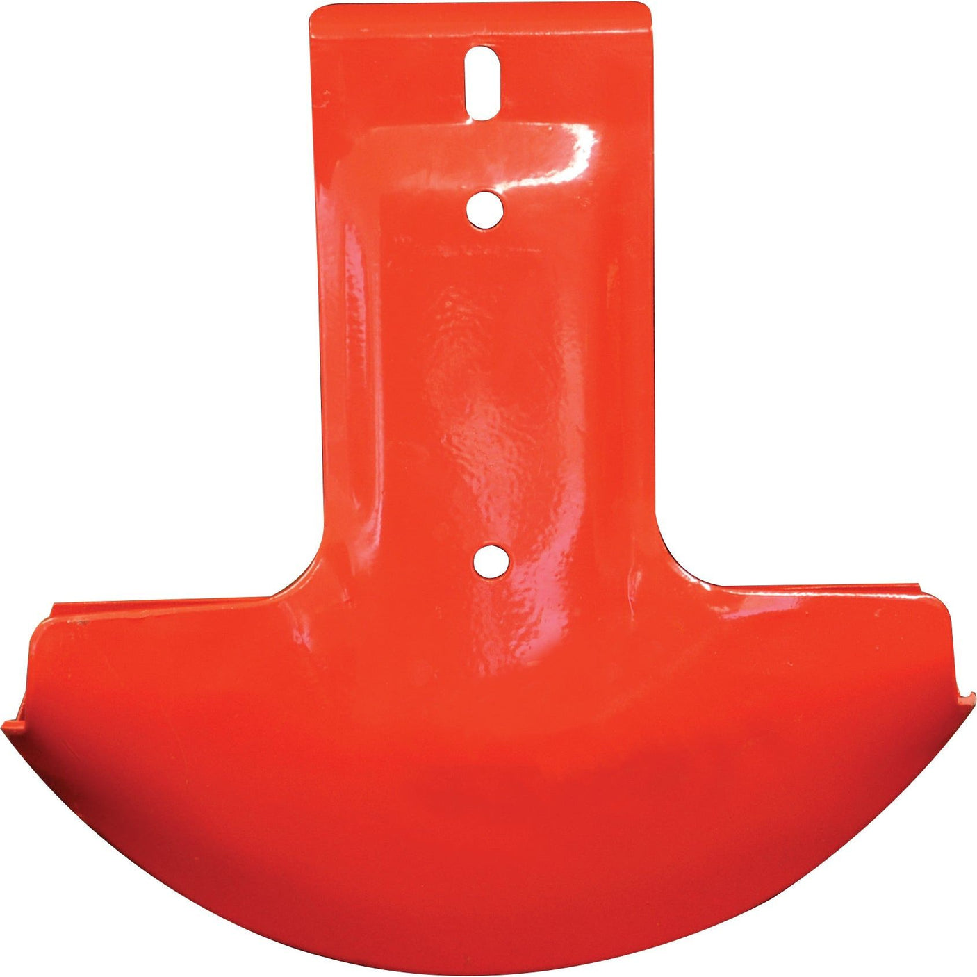 A red metal skid with a flat top and a curved bottom, featuring three hole centres for mounting, compatible with Kuhn equipment. The skid has dimensions of 340mm in length, 342mm in width, and 47mm in depth. This product is known as the Sparex Skid (Sparex Part No. S.110616) and can be used as a replacement for Kuhn (56190600) or John Deere equipment.