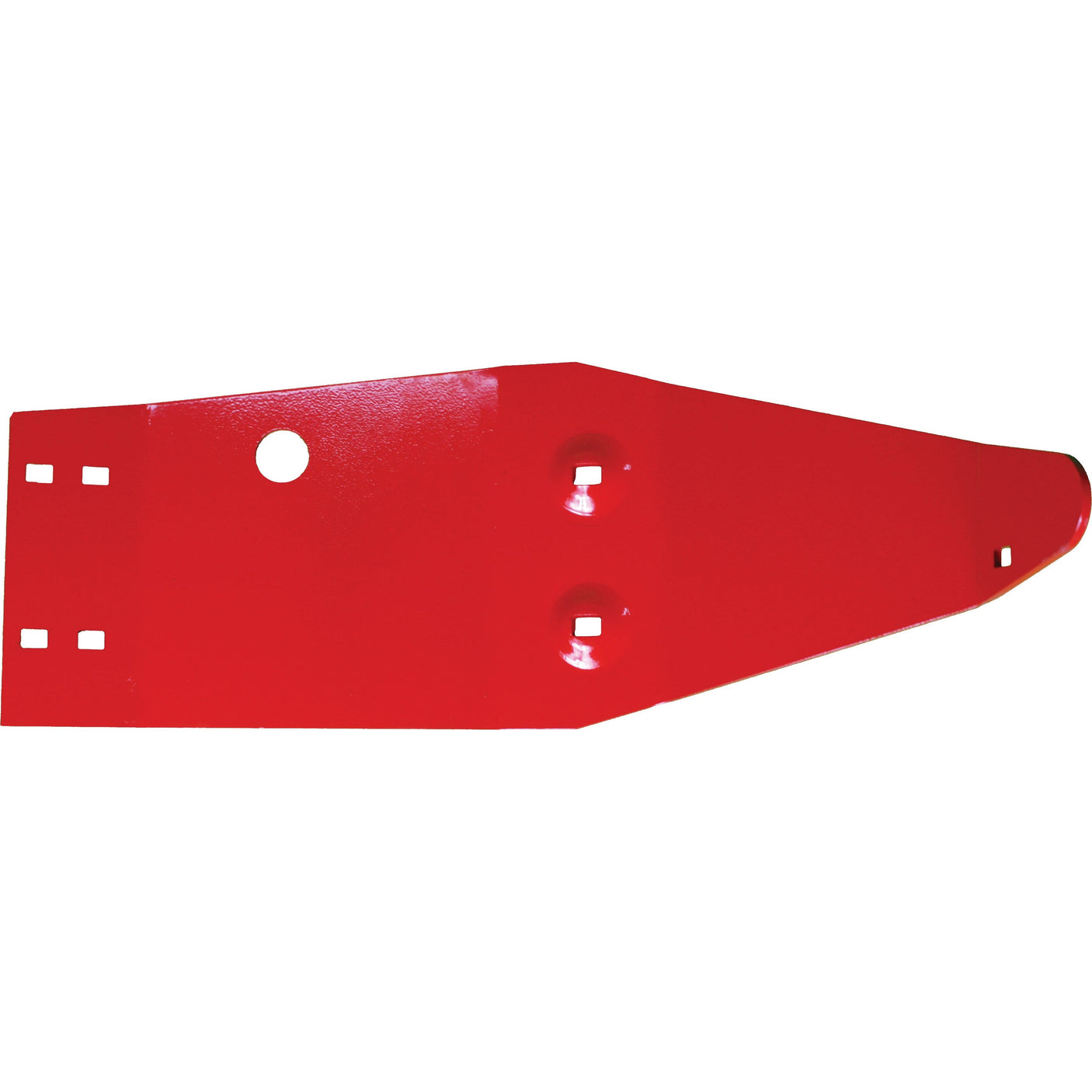 A red, flat metal part with a pointed tip and multiple cutouts and holes, the Sparex Skid (710mm in length, 211mm in width, and 250mm in depth) is a replacement compatible with the Kuhn GMD700 series (Sparex Part No. S.110620; Kuhn reference: 56832720).