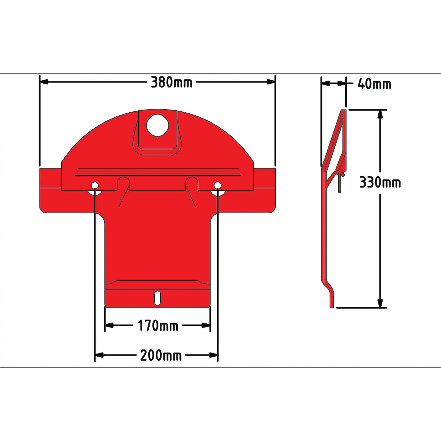 This Sparex Skid is designed with a length of 330mm, width of 380mm, and depth of 40mm. It features technical dimensions including bottom widths of 200mm and 170mm, as well as a central circular hole and side notches. This part is compatible with Pottinger machines as a replacement for model number 882404170100 (Sparex Part No. S.110622).