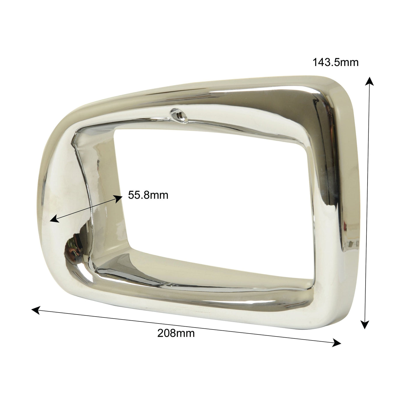 Chrome rectangular frame with rounded corners, dimensions: 143.5mm height, 208mm width, and 55.8mm diagonal depth. Ideal for applications such as the Head Light Surround LH (Sparex Part No.S.110810) on Valmet & Valtra models from the Sparex brand.
