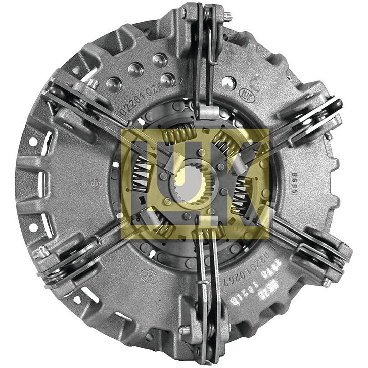 The Clutch Cover Assembly - S.110837 by Sparex is displayed, featuring three large springs and multiple smaller components. This metallic part includes a central circular section surrounded by intricate mechanical details and incorporates an Organic Captive Disc for enhanced performance.