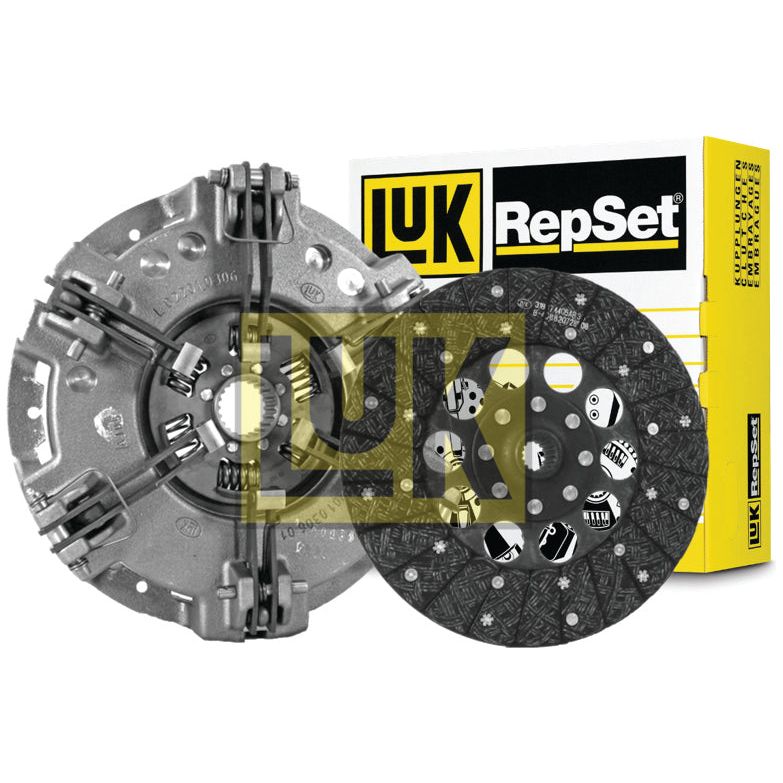 A Sparex Clutch Kit without Bearings (Part No. S.110838) featuring a pressure plate, friction disc, and packaging box displayed—ideal for Valmet & Valtra vehicles.