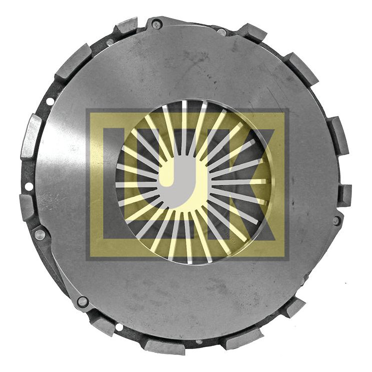 A Sparex Clutch Cover Assembly - S.110840 is a metallic, circular automotive clutch plate featuring a cover size of 360mm and a single cover design with a logo consisting of a sunburst pattern within a square.