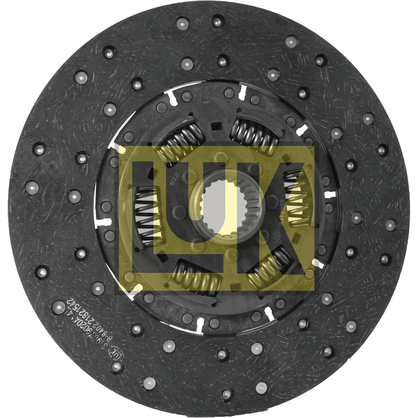 A round clutch disc featuring metal springs in the center, branded "Sparex" under product name S.110851. The surface features textured patterns and several bolts around the perimeter. Made for Valmet & Valtra, it includes an organic lining material and has a disc size of 310mm.