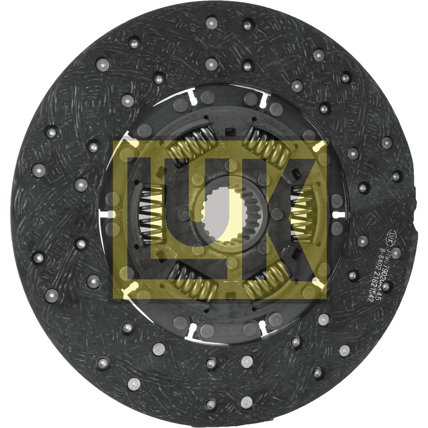 A round, dark-colored clutch disc with a textured surface and several coil springs around the central hub, branded with the "Sparex" logo. This model features an organic lining material and is compatible with Valmet & Valtra tractors. The product is known as Clutch Plate - S.110851.