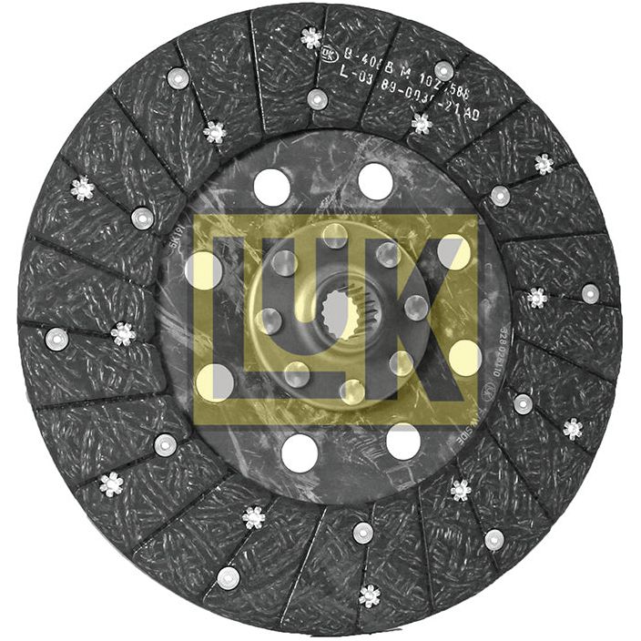 A circular clutch disc with black textured segments and a central spline, branded with a yellow "Sparex" logo. This model, named Clutch Plate - S.110854, features an organic lining material and has a disc size of 280mm.