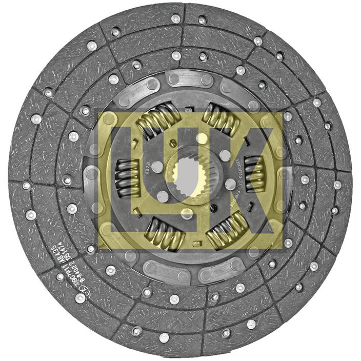 A round, metallic Clutch Plate - S.110857 with a Disc Size of 350mm, bearing a Sparex logo in the center. It features springs and a textured, segmented friction surface made from an organic lining material.