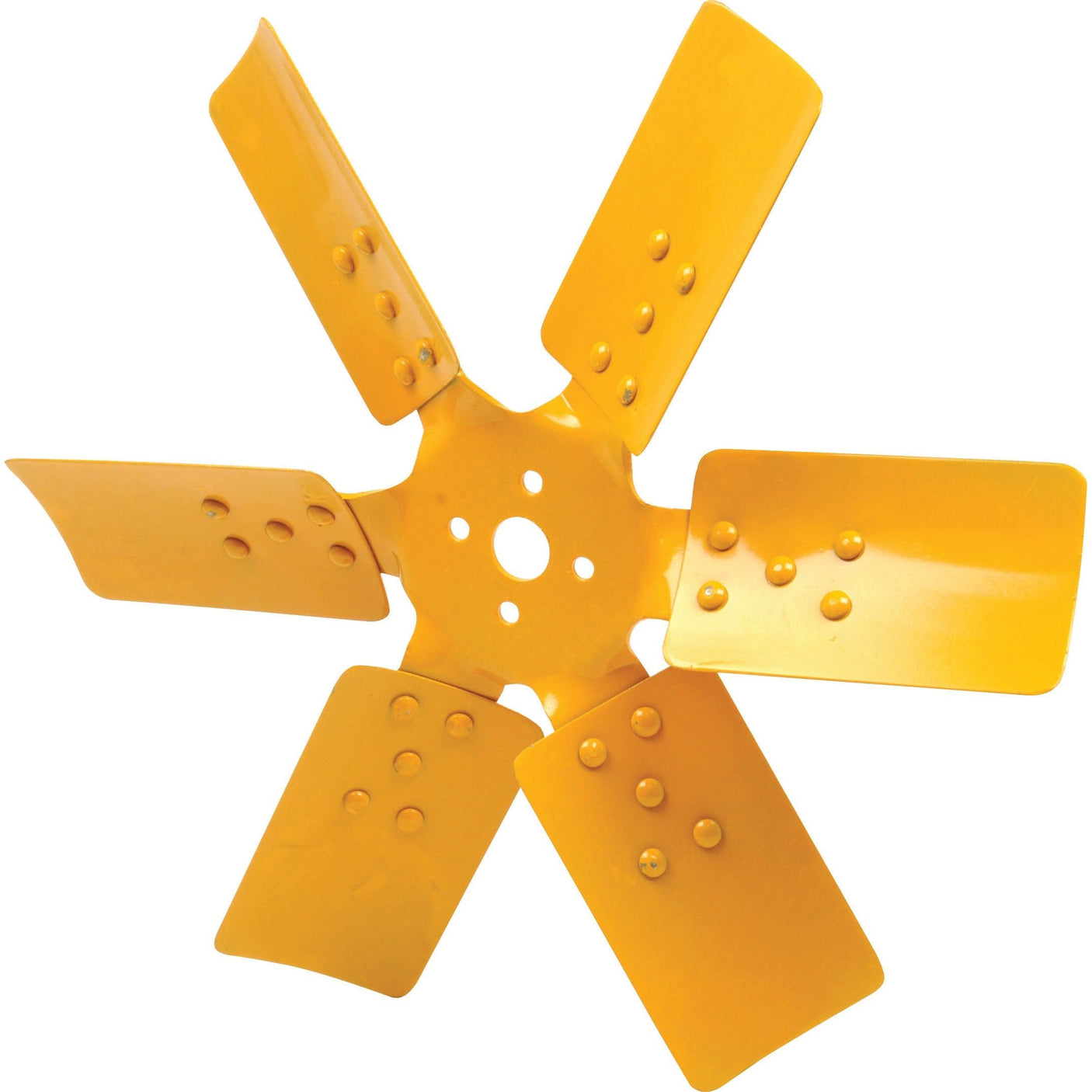 A yellow, six-blade metal fan with a central mounting hole and riveted blade attachments, measuring 18 inches, from Sparex (Part No. S.110877) branded as the Fan Blade.