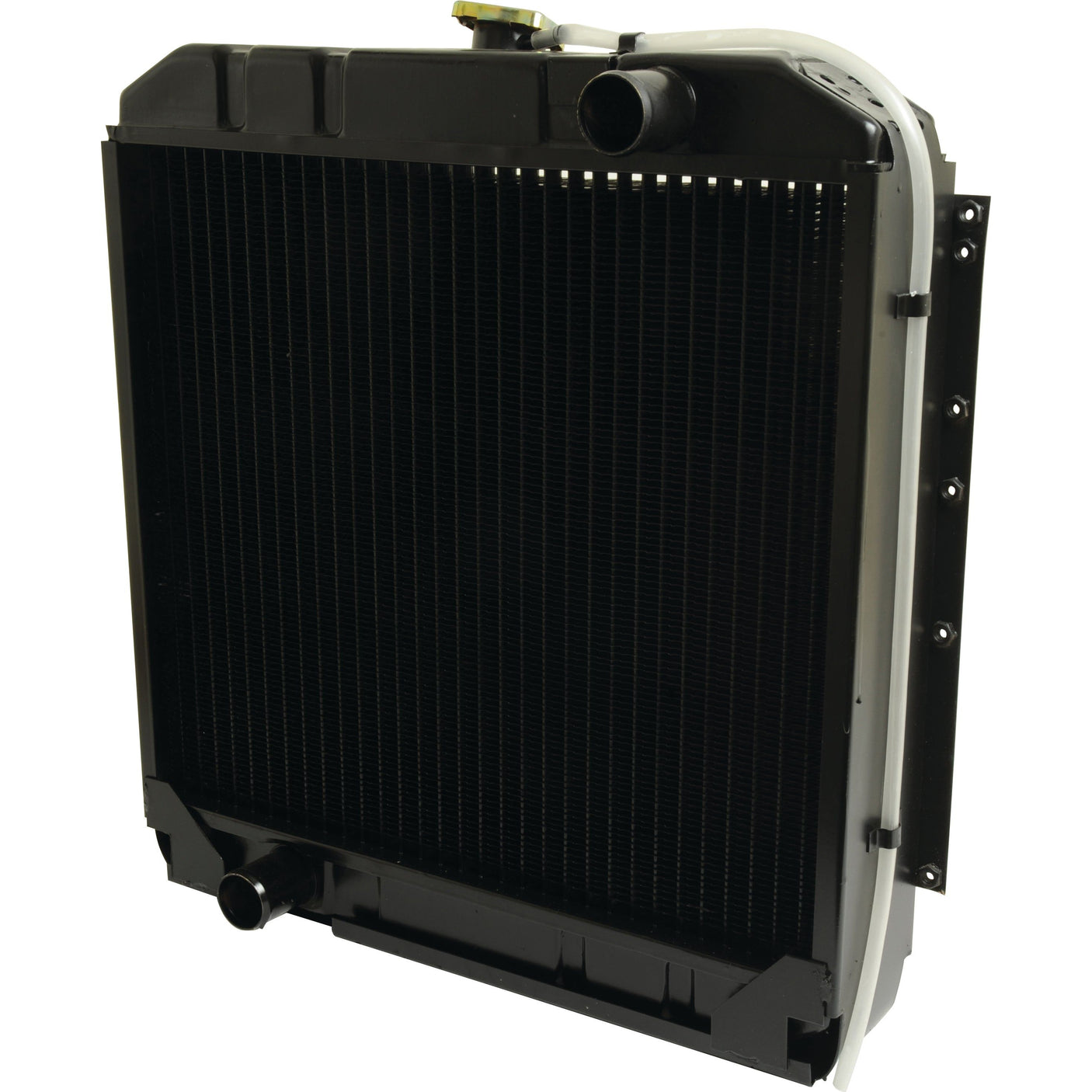 A Sparex Radiator (Part No. S.110882) with a black core and metal frame, featuring inlet and outlet ports on the top and bottom, compatible with Valmet & Valtra models.