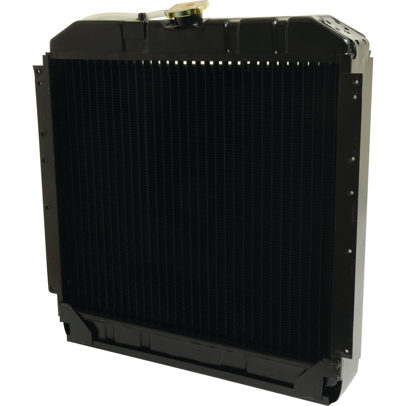 Image of a black Sparex radiator with a metal cap on top, showcasing its fins and frame in a vertical orientation. This high-quality Radiator (Sparex Part No. S.110882) is suitable for Valmet & Valtra vehicles, ensuring durability and efficiency.