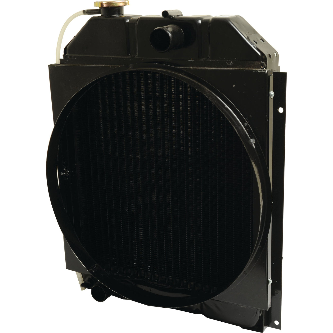 An engine radiator by Sparex (Part No. S.110884) in black, featuring visible hose connections and cooling fins designed for efficient heat dissipation, suitable for Valmet & Valtra models.