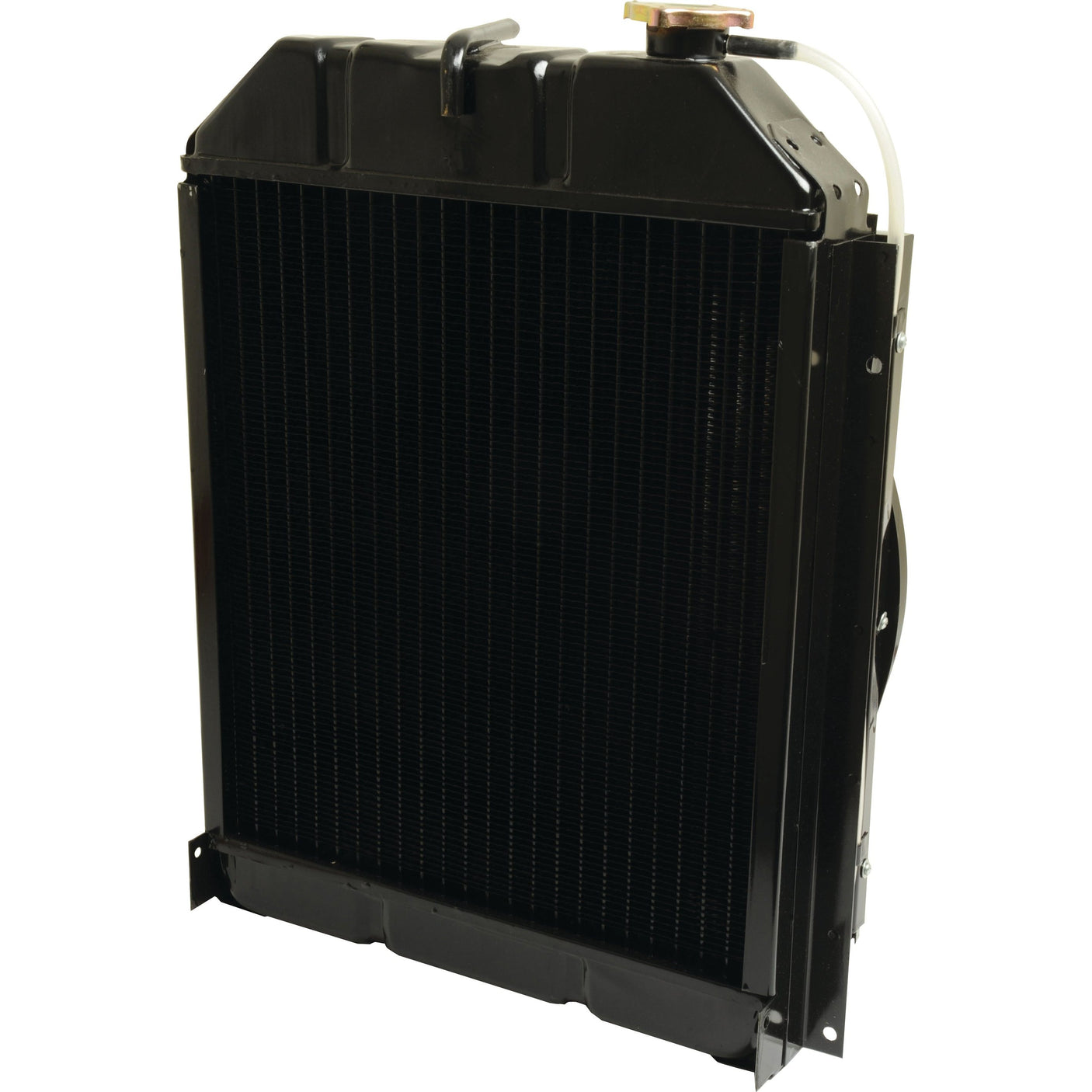 A black Sparex radiator, featuring a cap and hose on top, designed for Valmet & Valtra vehicles.