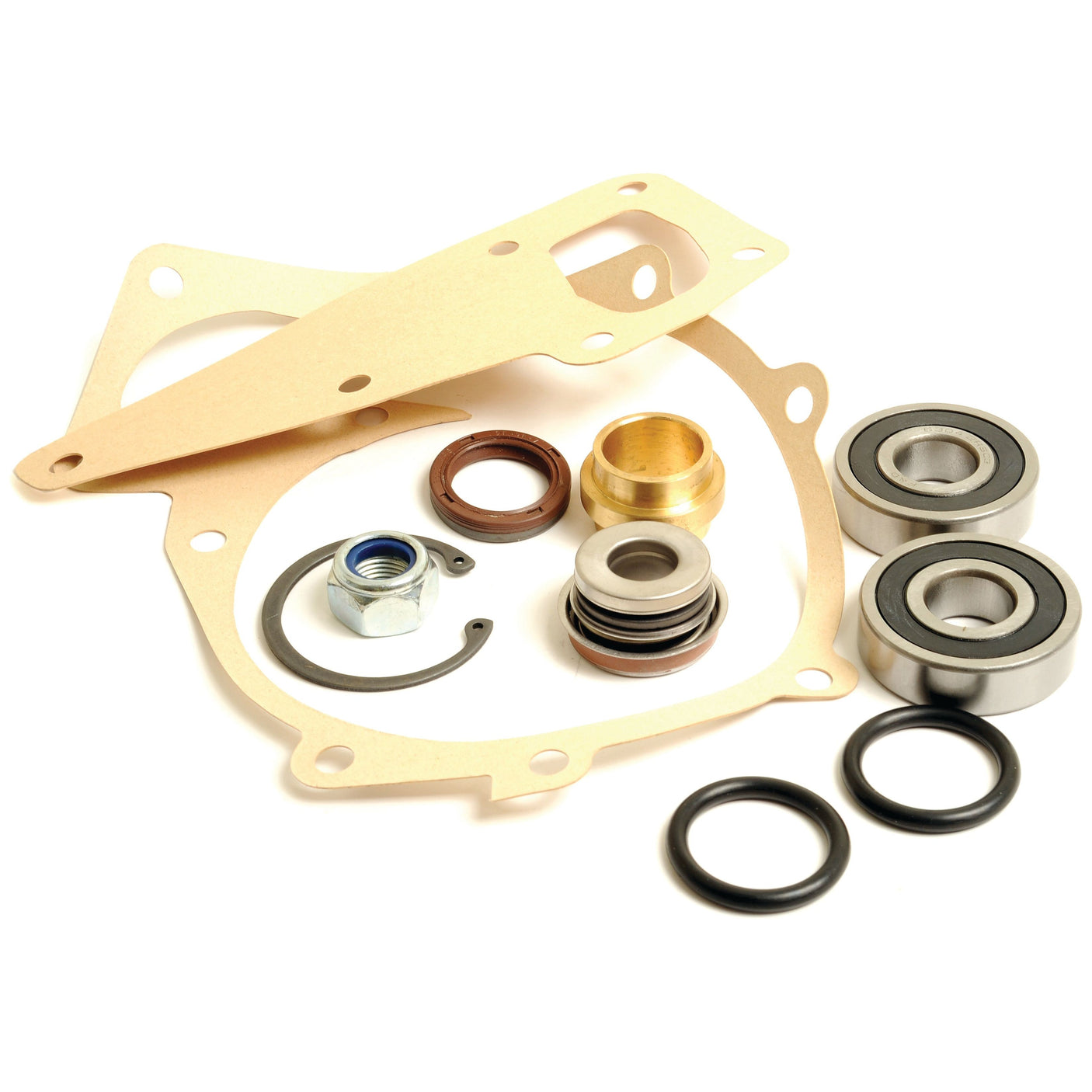 A collection of mechanical parts, including gaskets, bearings, seals, nuts, and washers arranged on a white background. This Water Pump Repair Kit (Sparex Part No. S.110895) features top-quality components compatible with Valmet & Valtra machinery from Sparex.