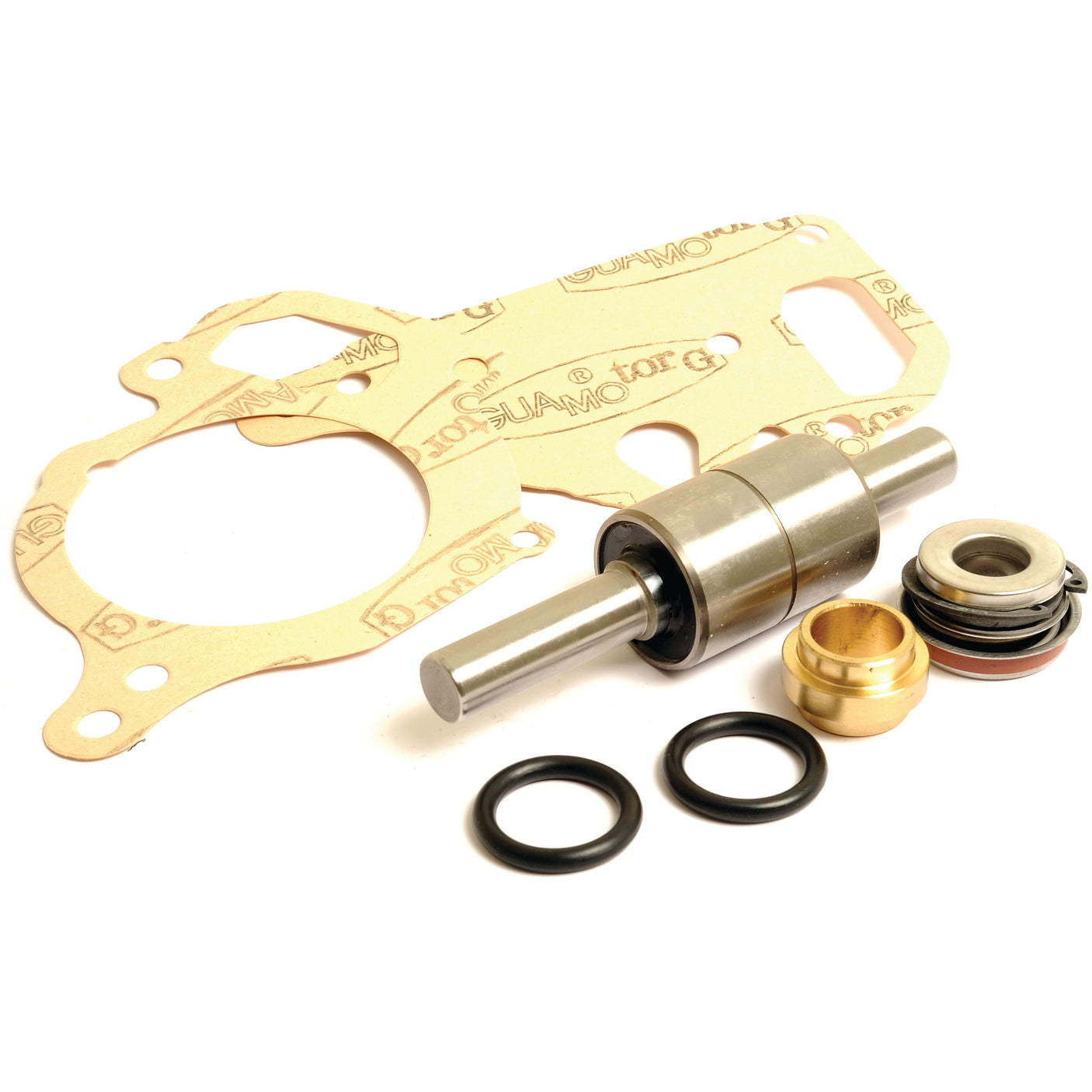 The Sparex Water Pump Repair Kit (Part No. S.110897), featuring a gasket, metallic shaft, rubber O-rings, and various metal components, is displayed on a white background.