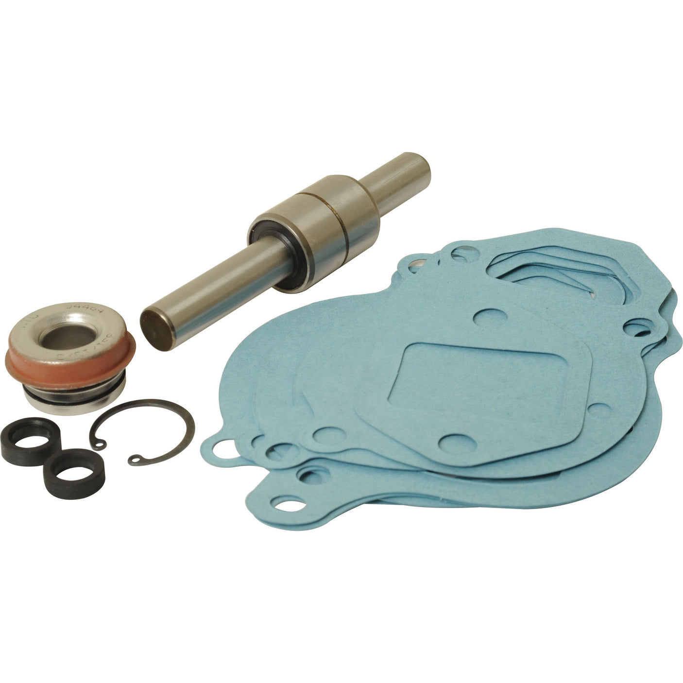 The Sparex Water Pump Repair Kit (Part No. S.110899) includes blue gaskets, a metal shaft with a bearing, sealing rings, and various small components.